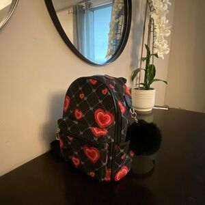 Chic Heart Pattern Backpack with Pom Pom